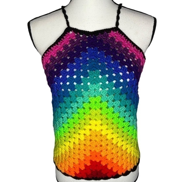 Hand Crafted Tops - Handcrafted Crochet Halter Top Rainbow Granny Acrylic Yarn Art Handmade Knit